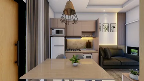 Dapur rumah Bumi Citra Regency Serpong dengan lampu gantung di atas meja makan
