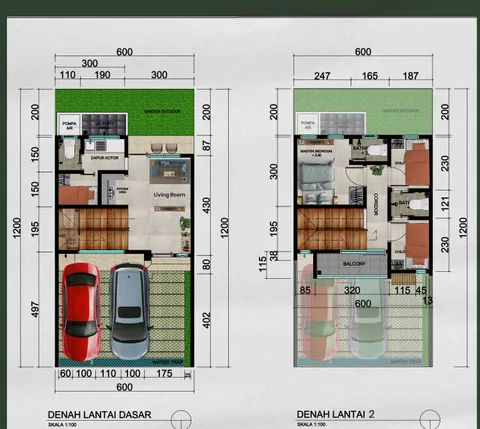 Denah lantai dasar dan lantai 2 rumah 2 lantai LT 72 m2 LB 66 m2 Bumi Citra Regency Serpong