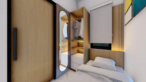 Kamar tidur rumah Bumi Citra Regency Serpong dengan lemari pakaian dan pintu kamar