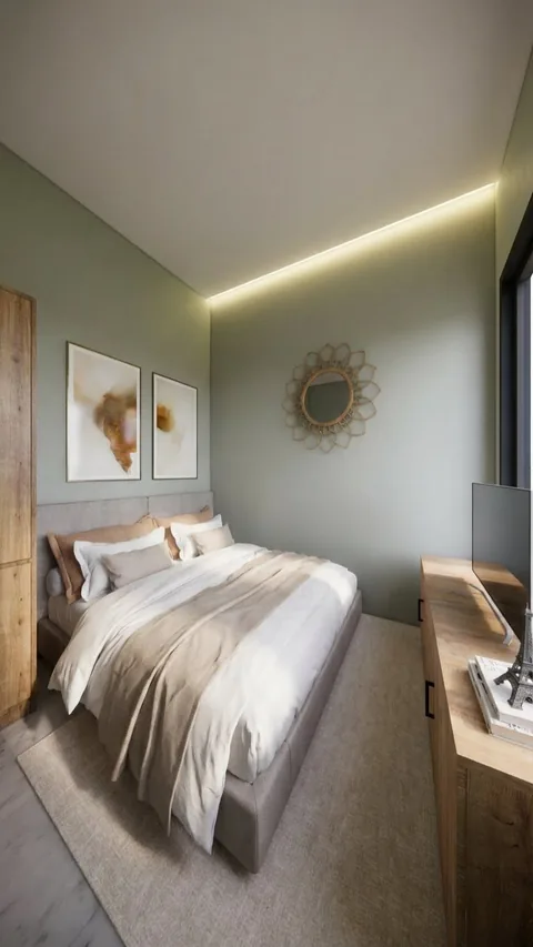 Ilustrasi kamar tidur bernuansa terang untuk unit Bumi Citra Regency Serpong