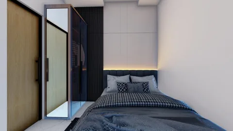 Kamar tidur rumah Bumi Citra Regency Serpong dengan pintu geser menuju koridor