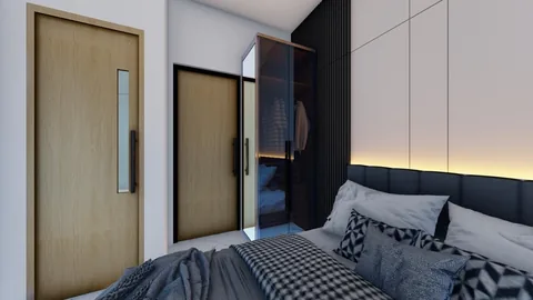 Kamar tidur rumah Bumi Citra Regency Serpong dengan tempat tidur dan lemari pakaian