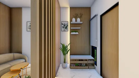 Koridor rumah Bumi Citra Regency Serpong dengan rak tanaman dan partisi kayu