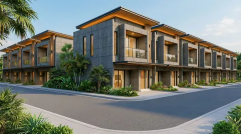 Tikungan jalan kawasan Bumi Citra Regency Serpong dengan deretan rumah 2 lantai